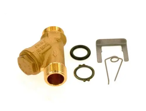 BOSCH-Filter und Zubehörteile, bestehend aus einem Messingventil in T-Form, Dichtungen und Befestigungselementen, auf weißem Hintergrund.